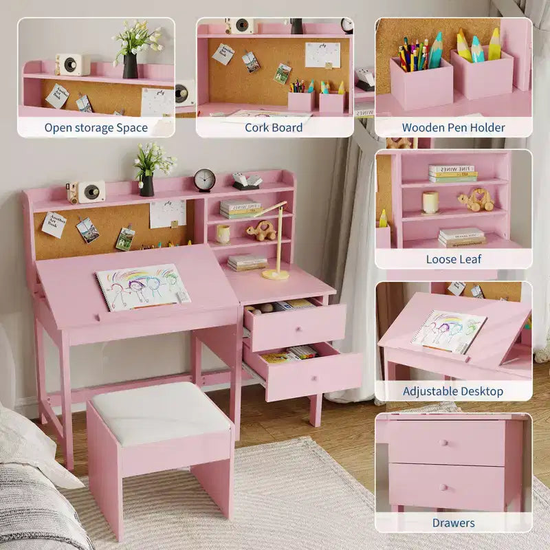 Acekool Set Scrivania e Sedia per Bambini, Scrivania Inclinabile Regolabile con Cassetti e Pannello in Sughero, per Bambini dai 3 agli 8 Anni, Bianco/Rosa/Blu