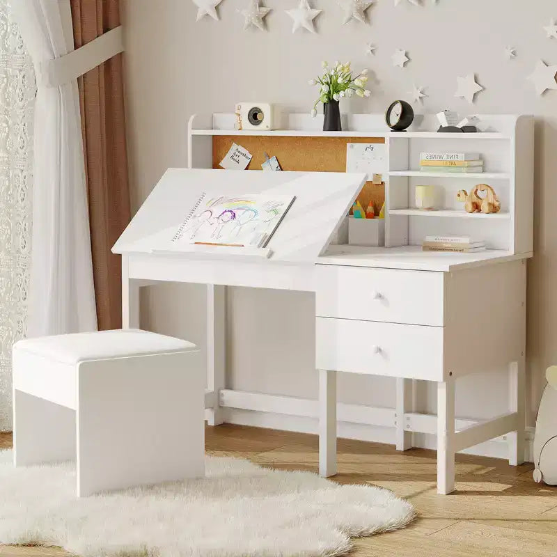 Acekool Set Scrivania e Sedia per Bambini, Scrivania Inclinabile Regolabile con Cassetti e Pannello in Sughero, per Bambini dai 3 agli 8 Anni, Bianco/Rosa/Blu