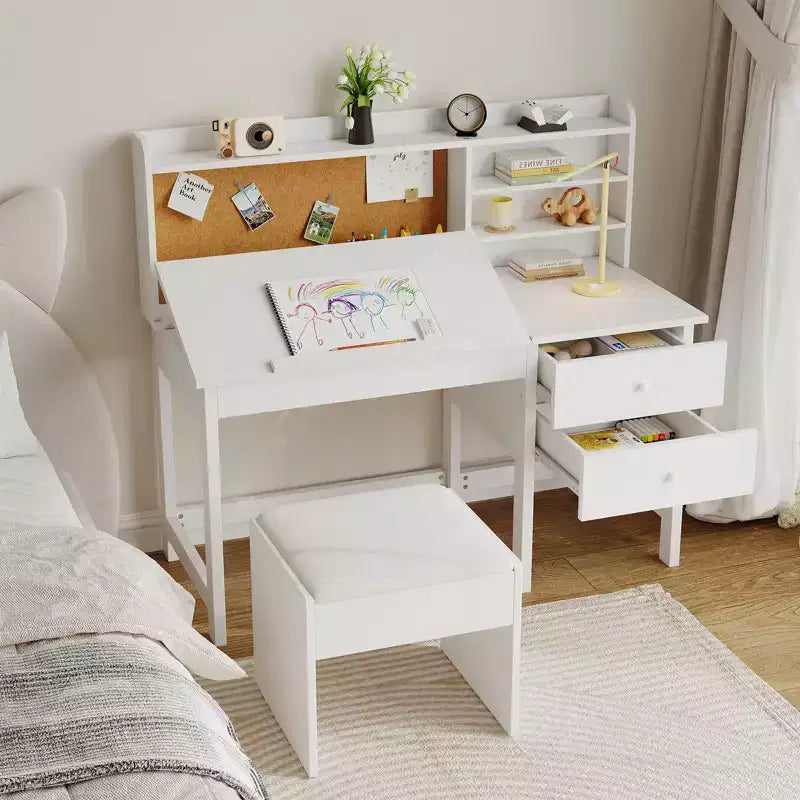 Acekool Set Scrivania e Sedia per Bambini, Scrivania Inclinabile Regolabile con Cassetti e Pannello in Sughero, per Bambini dai 3 agli 8 Anni, Bianco/Rosa/Blu