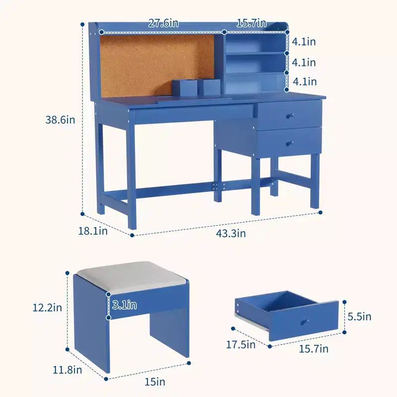 Acekool Set Scrivania e Sedia per Bambini, Scrivania Inclinabile Regolabile con Cassetti e Pannello in Sughero, per Bambini dai 3 agli 8 Anni, Bianco/Rosa/Blu