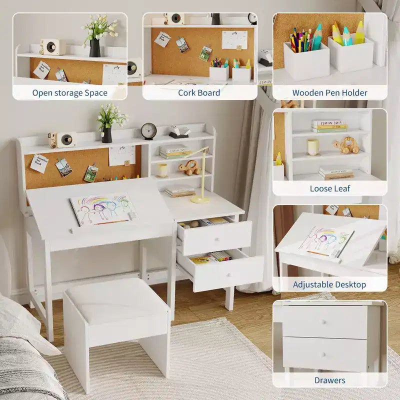 Acekool Set Scrivania e Sedia per Bambini, Scrivania Inclinabile Regolabile con Cassetti e Pannello in Sughero, per Bambini dai 3 agli 8 Anni, Bianco/Rosa/Blu