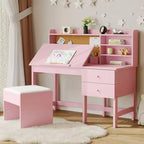 Acekool Set Scrivania e Sedia per Bambini, Scrivania Inclinabile Regolabile con Cassetti e Pannello in Sughero, per Bambini dai 3 agli 8 Anni, Bianco/Rosa/Blu