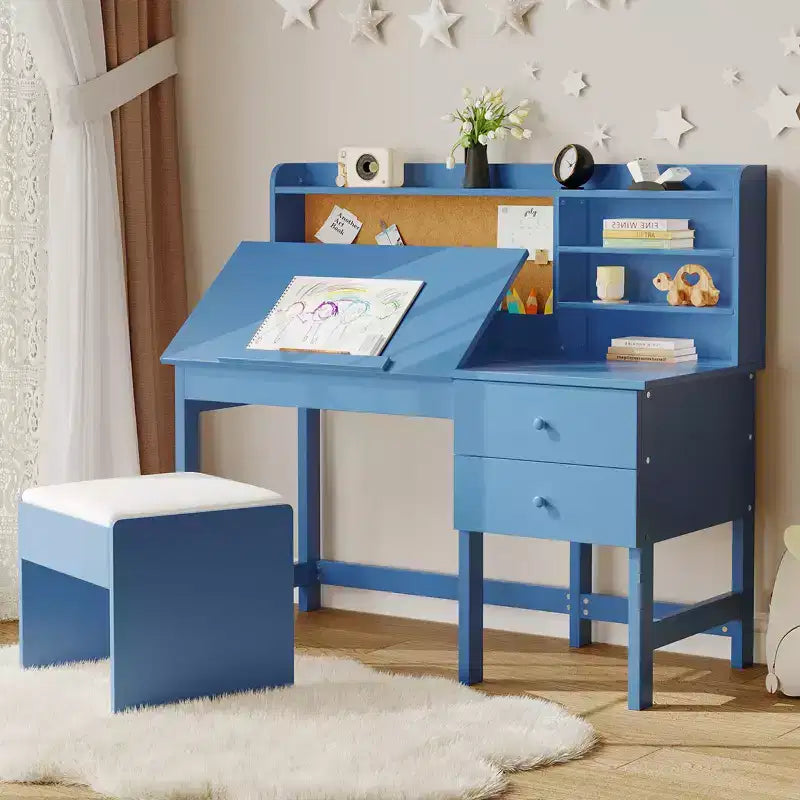 Acekool Set Scrivania e Sedia per Bambini, Scrivania Inclinabile Regolabile con Cassetti e Pannello in Sughero, per Bambini dai 3 agli 8 Anni, Bianco/Rosa/Blu