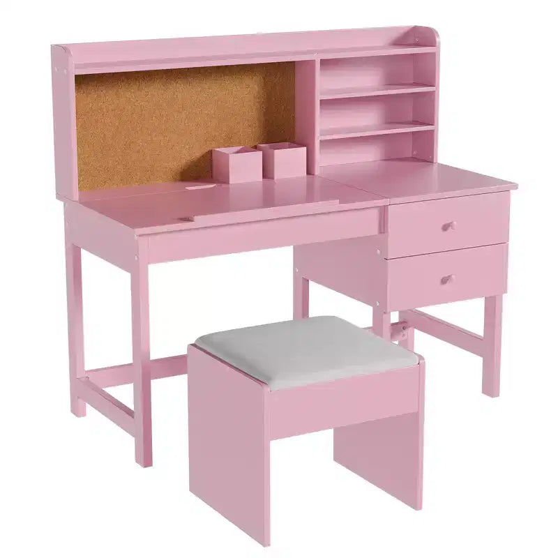 Acekool Set Scrivania e Sedia per Bambini, Scrivania Inclinabile Regolabile con Cassetti e Pannello in Sughero, per Bambini dai 3 agli 8 Anni, Bianco/Rosa/Blu
