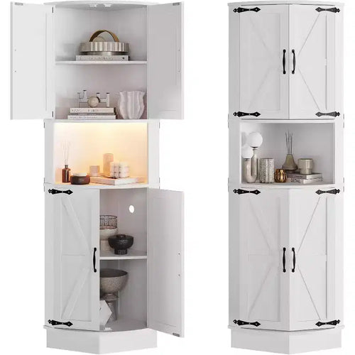 65 Tall Farmhouse Corner Cabinet with Light, Display Storage Cabinet with Barn Door, 5 Tier Shelves , Space Organizer for Living Room