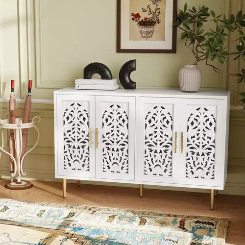 47.8 4-Door Buffet Cabinet, Vintage Carved Wood Accent Sideboard with Hollow Carving, Storage Credenza for Living Room, Dining Room, Entryway