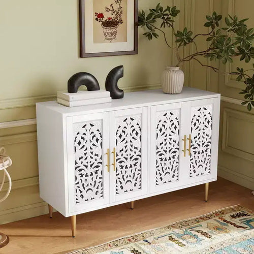 47,8 Mobile Buffet a 4 Ante, Credenza Vintage Intagliata in Legno con Intaglio Vuoto, Credenza Contenitore per Soggiorno, Sala da Pranzo, Ingresso