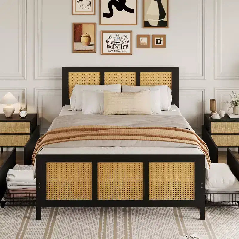 Telaio letto in rattan Boho con testiera in canna, piattaforma, 4 ampi cassetti portaoggetti, doghe in metallo robuste e silenziose, facile da montare