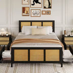 Telaio letto in rattan Boho con testiera in canna, piattaforma, 4 ampi cassetti portaoggetti, doghe in metallo robuste e silenziose, facile da montare