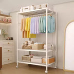 Heavy Duty Rolling Garment Rack with Adjustable Shelves, Freestanding Metal Clothes Organizer, Portable Wardrobe for Hanging Clothes, Beige