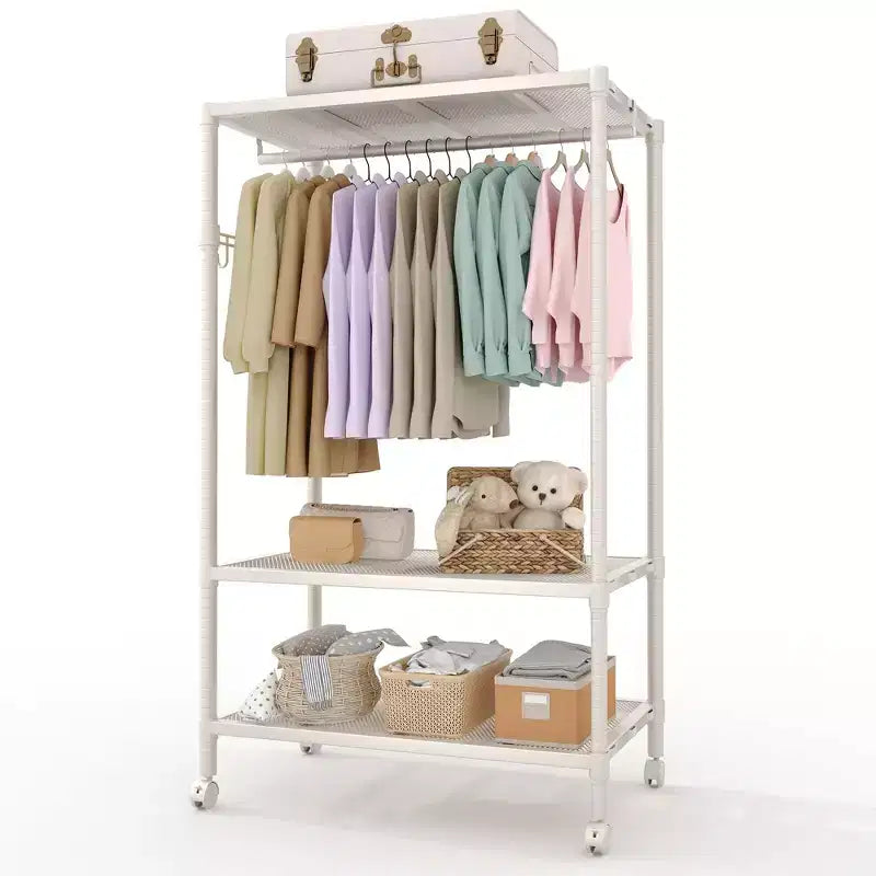Appendiabiti mobile resistente con ripiani regolabili, organizer portatile in metallo per vestiti, armadio portatile per appendere i vestiti, beige