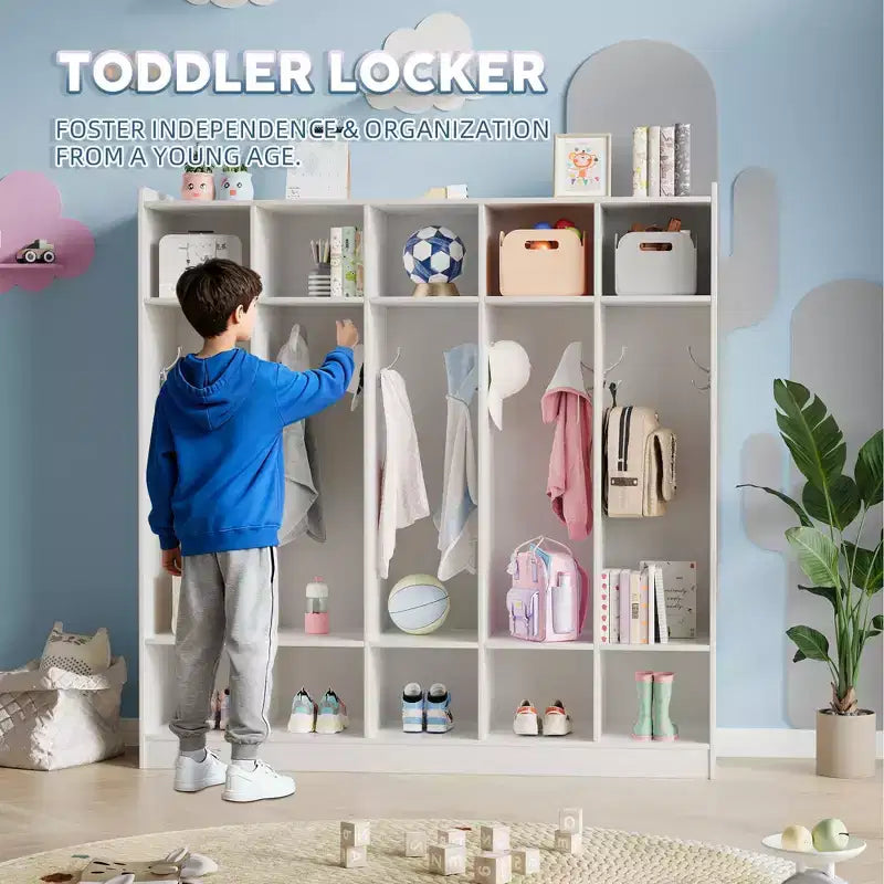 Porte-manteaux de classe à 5 sections avec 10 casiers et crochets - Organiseur de rangement de garderie pour l'école, la crèche, la maternelle et la maison