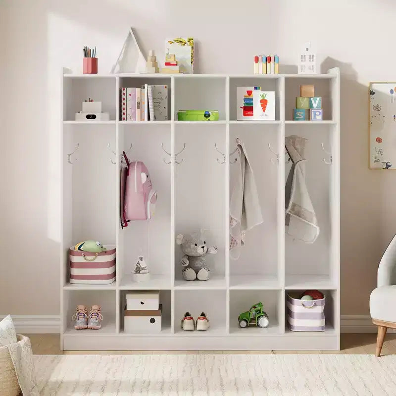 Porte-manteaux de classe à 5 sections avec 10 casiers et crochets - Organiseur de rangement de garderie pour l'école, la crèche, la maternelle et la maison