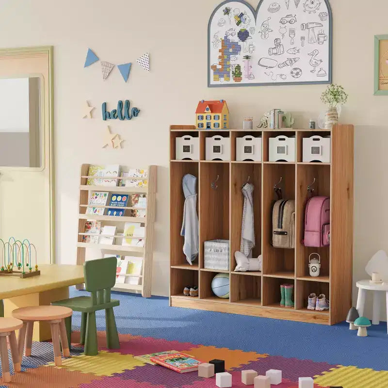 Porte-manteaux de classe à 5 sections avec 10 casiers et crochets - Organiseur de rangement de garderie pour l'école, la crèche, la maternelle et la maison