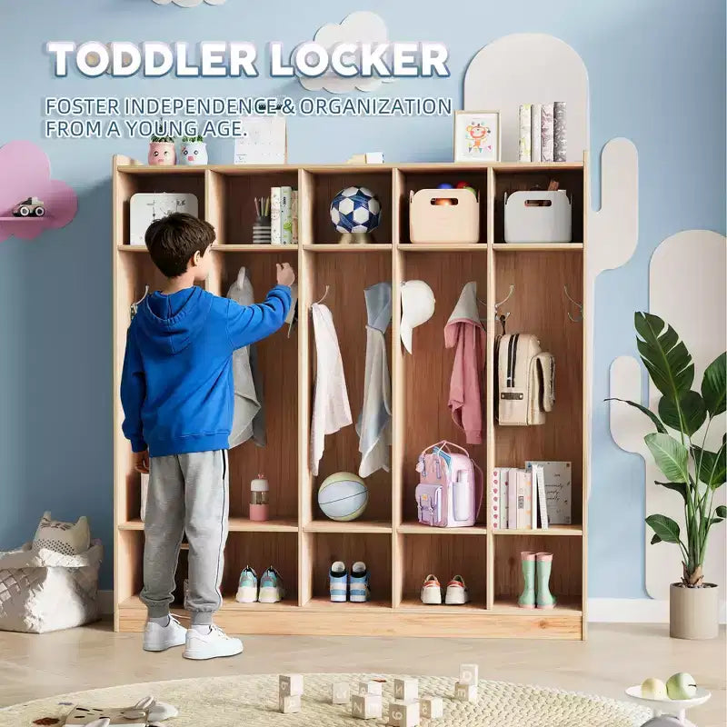 Porte-manteaux de classe à 5 sections avec 10 casiers et crochets - Organiseur de rangement de garderie pour l'école, la crèche, la maternelle et la maison