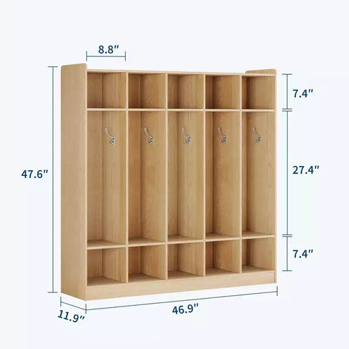 Armadietto Appendiabiti a 5 Sezioni per Aula con 10 Scomparti e Ganci - Organizzatore per Asili Nido, Scuole, Scuole Materne e Uso Domestico