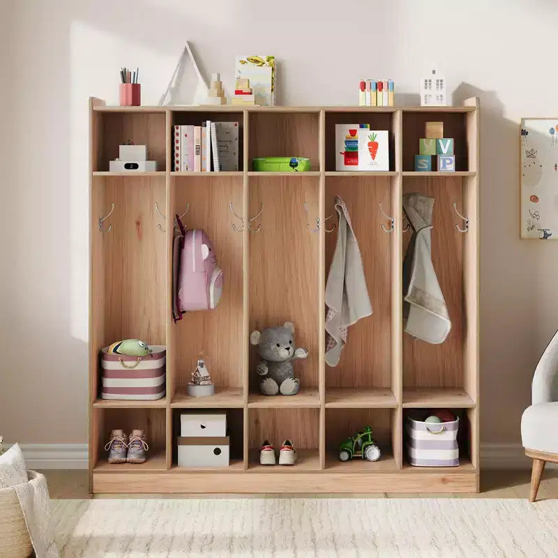 Porte-manteaux de classe à 5 sections avec 10 casiers et crochets - Organiseur de rangement de garderie pour l'école, la crèche, la maternelle et la maison