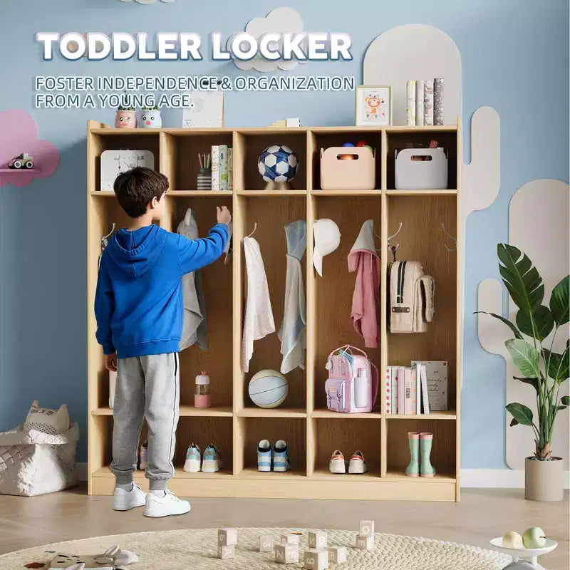 Porte-manteaux de classe à 5 sections avec 10 casiers et crochets - Organiseur de rangement de garderie pour l'école, la crèche, la maternelle et la maison