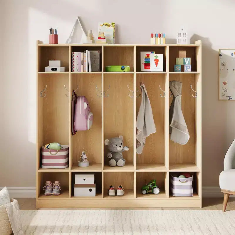 Porte-manteaux de classe à 5 sections avec 10 casiers et crochets - Organiseur de rangement de garderie pour l'école, la crèche, la maternelle et la maison