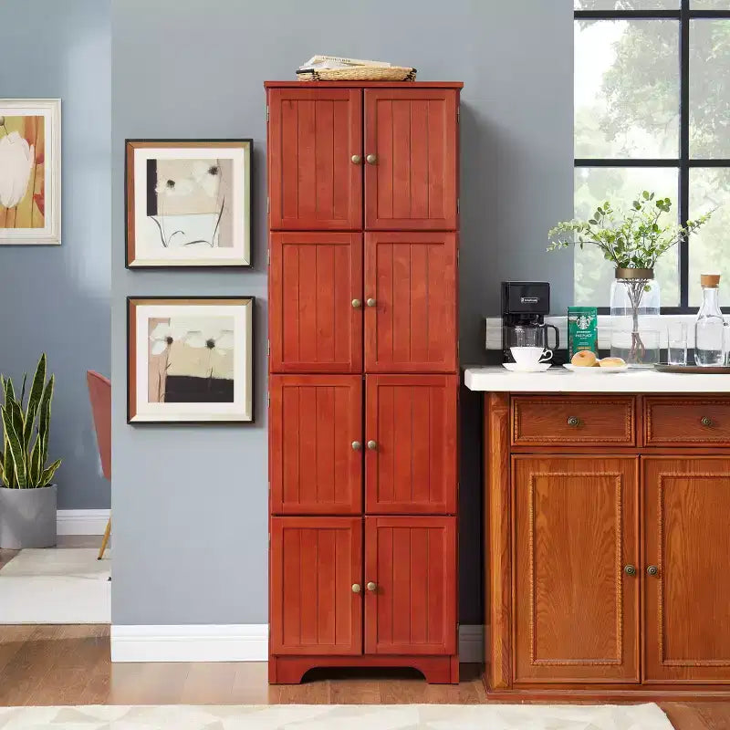 Mobile Alto da Fattoria con 8 Ante, Dispensa da Cucina in Legno da 183 cm con 4 Ripiani, Scaffale a 4 Livelli Autoportante, Scaffale per Soggiorno