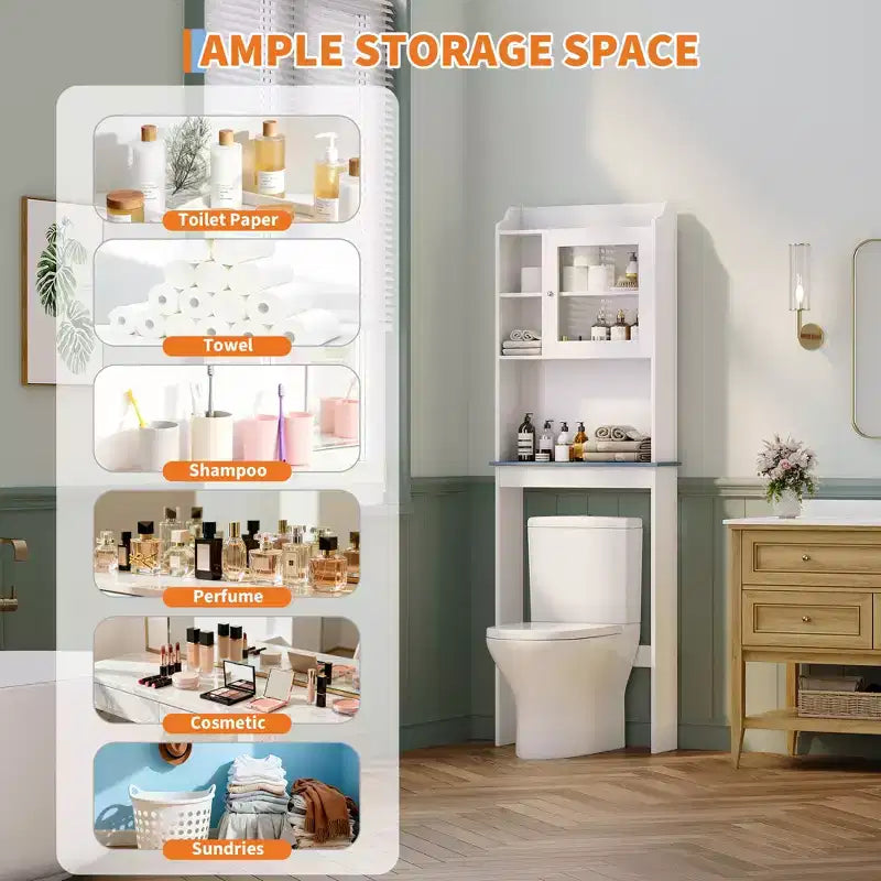 Mobiletto da bagno Acekool sopra il WC, mensole regolabili, ante in vetro temperato, organizer da bagno bianco per piccoli spazi