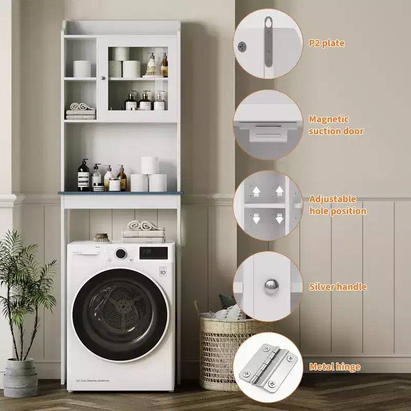 Mobiletto da bagno Acekool sopra il WC, mensole regolabili, ante in vetro temperato, organizer da bagno bianco per piccoli spazi