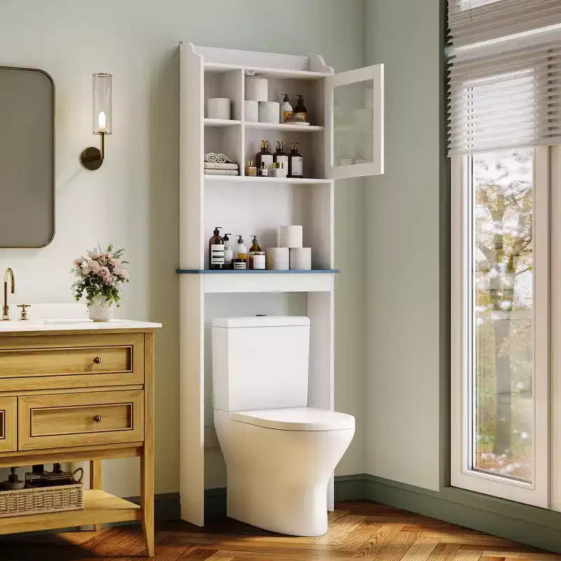 Mobiletto da bagno Acekool sopra il WC, mensole regolabili, ante in vetro temperato, organizer da bagno bianco per piccoli spazi