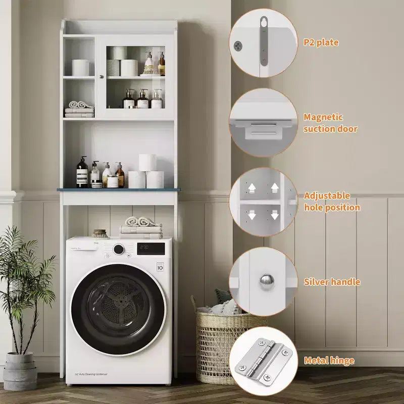 Mobiletto da bagno Acekool sopra il WC, mensole regolabili, ante in vetro temperato, organizer da bagno bianco per piccoli spazi
