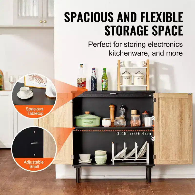 Credenza in Rattan con 2 Ante Magnetiche e Ripiani Regolabili Buffet Nero