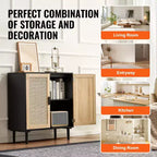 Credenza in Rattan con 2 Ante Magnetiche e Ripiani Regolabili Buffet Nero