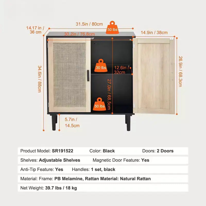 Credenza in Rattan con 2 Ante Magnetiche e Ripiani Regolabili Buffet Nero