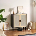 Credenza in Rattan con 2 Ante Magnetiche e Ripiani Regolabili Buffet Nero