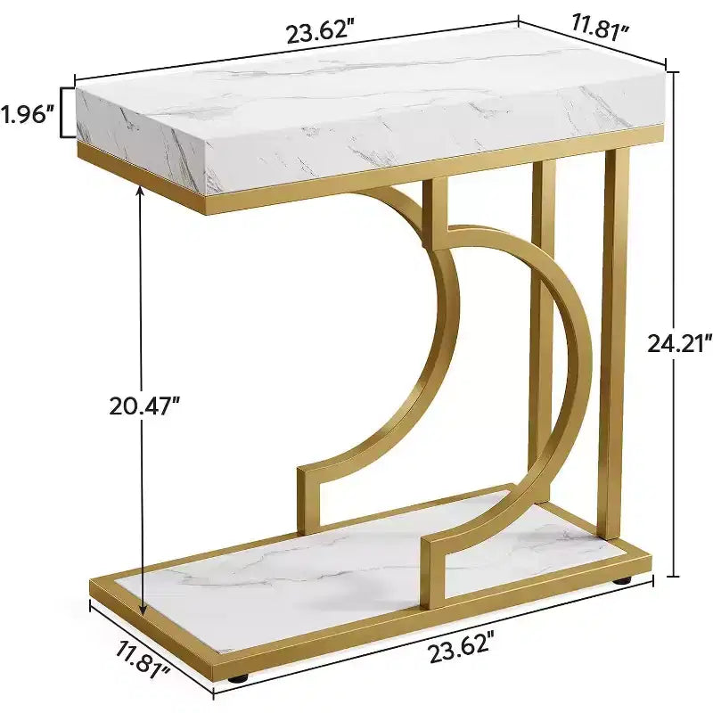 Lantine – Table d'appoint étroite en forme de C, blanc et or, moderne, avec cadre en métal, pour salon, canapé et chaise