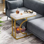 Lantine – Table d'appoint étroite en forme de C, blanc et or, moderne, avec cadre en métal, pour salon, canapé et chaise