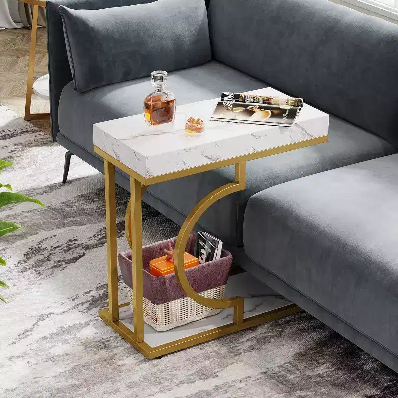 Lantine – Table d'appoint étroite en forme de C, blanc et or, moderne, avec cadre en métal, pour salon, canapé et chaise