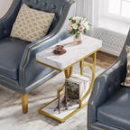Lantine – Table d'appoint étroite en forme de C, blanc et or, moderne, avec cadre en métal, pour salon, canapé et chaise