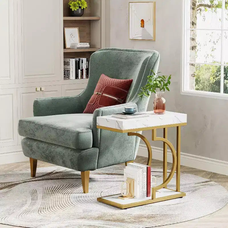 Lantine – Table d'appoint étroite en forme de C, blanc et or, moderne, avec cadre en métal, pour salon, canapé et chaise