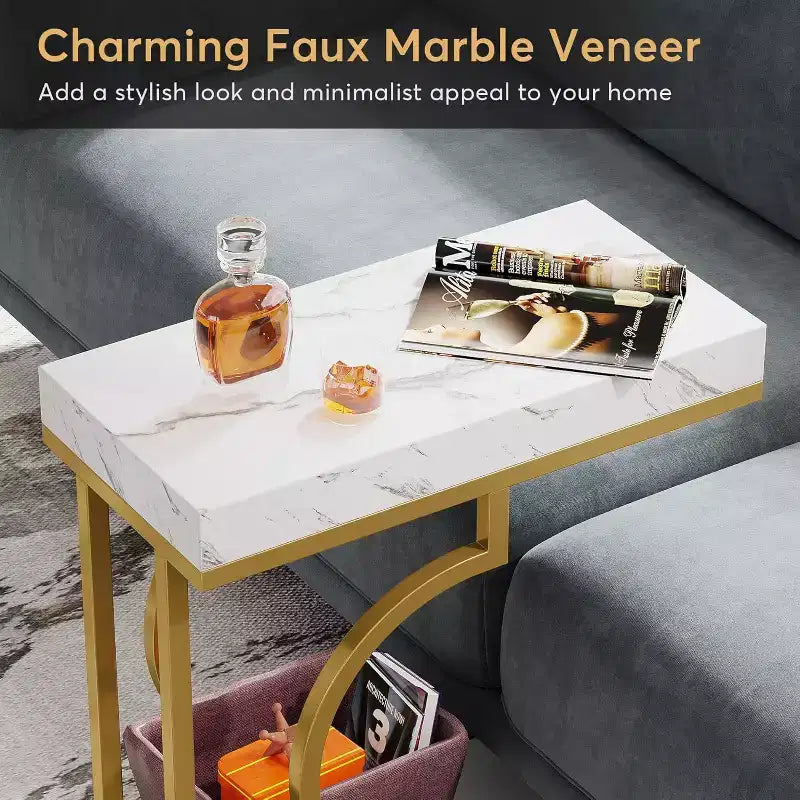 Lantine – Table d'appoint étroite en forme de C, blanc et or, moderne, avec cadre en métal, pour salon, canapé et chaise