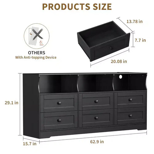 Commode à 6 tiroirs avec lumières, commode en bois de 160 cm avec étagères ouvertes, meuble de rangement TV pour salon, chambre, entrée
