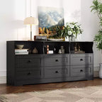 6 Drawer Dresser with Lights, 63''Wooden Chest of Drawers with Open Shelves, TV Stand Storage Cabinet for Living Room, Bedroom, Entryway