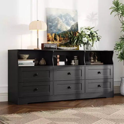 6 Drawer Dresser with Lights, 63''Wooden Chest of Drawers with Open Shelves, TV Stand Storage Cabinet for Living Room, Bedroom, Entryway