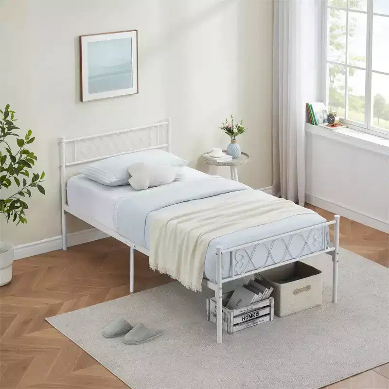 Coolmee Struttura Letto Matrimoniale in Metallo con Testiera e Pediera, Struttura Letto Classica in Metallo con Ornamento in Ferro Battuto