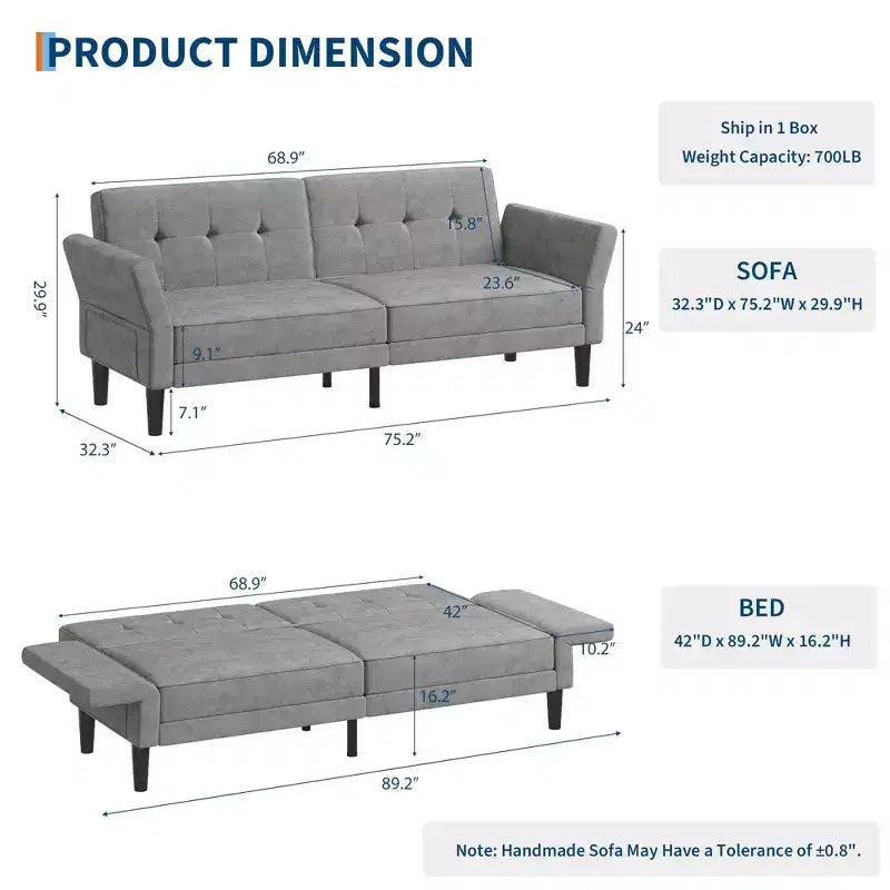 Acekool 89 Divano Letto Futon, Divano Letto Convertibile Moderno con Schienale e Braccioli Regolabili, Divano a 3 Posti