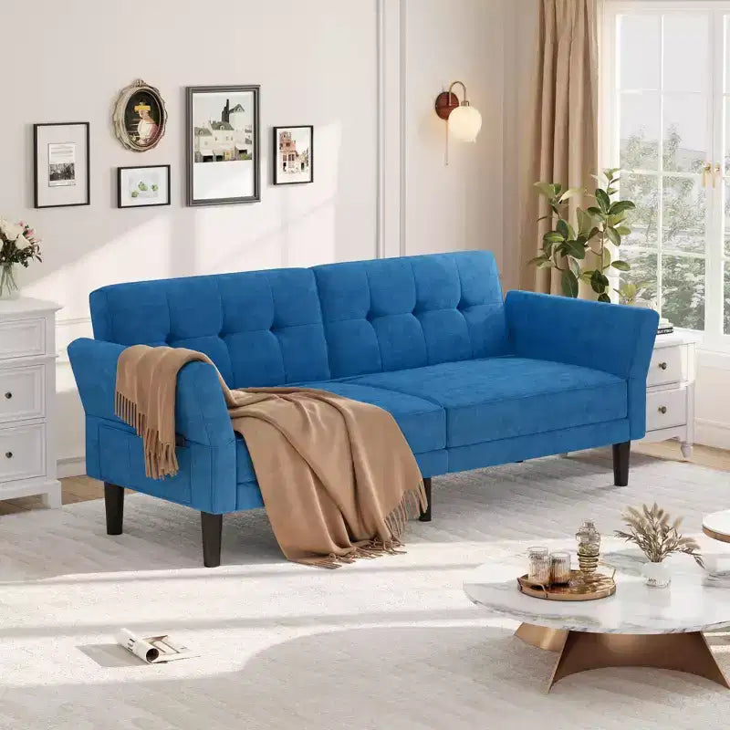 Acekool 89 Futon Sofa Bed, Modern Convertible Sleeper Couch with Adjustable Backrest and Armrests, 3 Seater Sofa