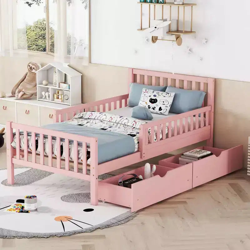 MAYEERTY Letto a Piattaforma in Legno per Bambini, con Sponde di Sicurezza su Entrambi i Lati e Due Cassetti Contenitori, Rosa