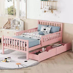 MAYEERTY Letto a Piattaforma in Legno per Bambini, con Sponde di Sicurezza su Entrambi i Lati e Due Cassetti Contenitori, Rosa