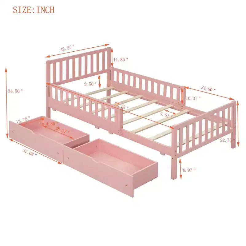 MAYEERTY Letto a Piattaforma in Legno per Bambini, con Sponde di Sicurezza su Entrambi i Lati e Due Cassetti Contenitori, Rosa