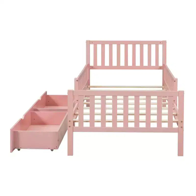 MAYEERTY Letto a Piattaforma in Legno per Bambini, con Sponde di Sicurezza su Entrambi i Lati e Due Cassetti Contenitori, Rosa