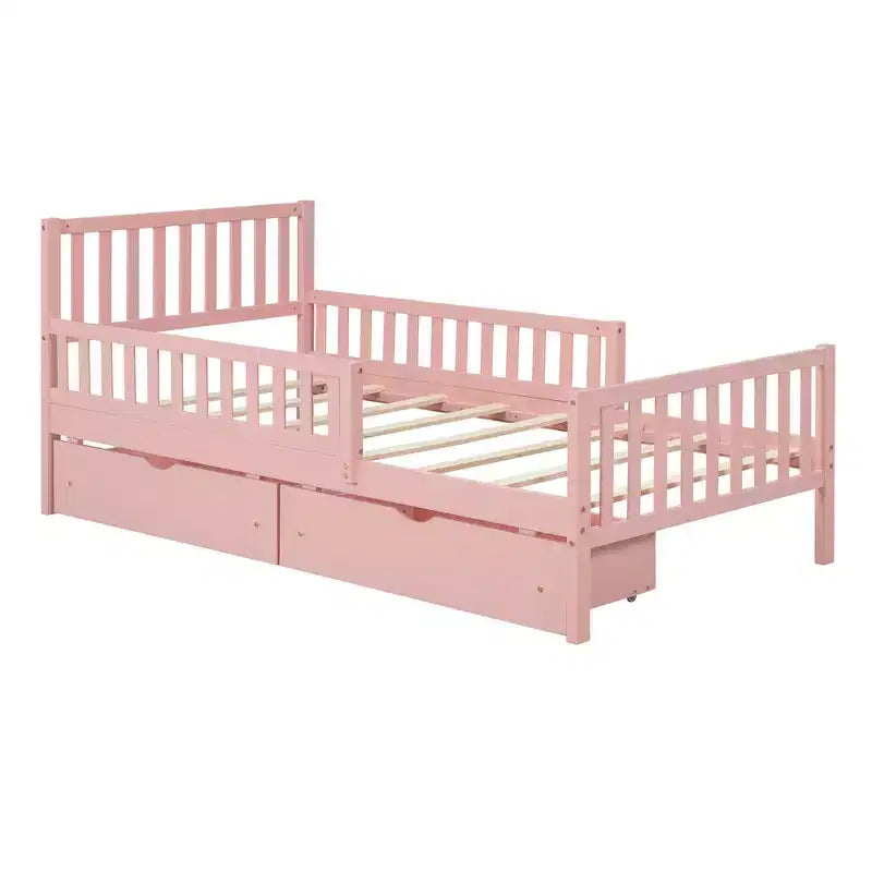 MAYEERTY Letto a Piattaforma in Legno per Bambini, con Sponde di Sicurezza su Entrambi i Lati e Due Cassetti Contenitori, Rosa