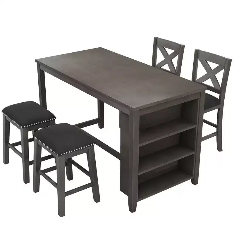 Set da pranzo alto per 4 persone, tavolo da bar in legno con ripiano portaoggetti e 2 sgabelli e 2 sedie per piccoli spazi